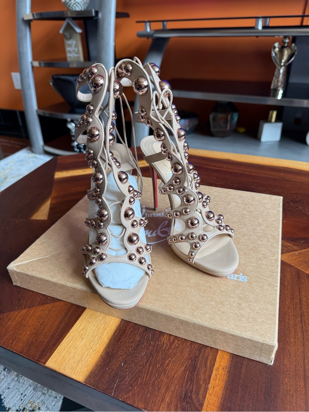 Christian Louboutin Beige Studded Strappy Stiletto Sandals with Red Soles - Picture 3 of 6